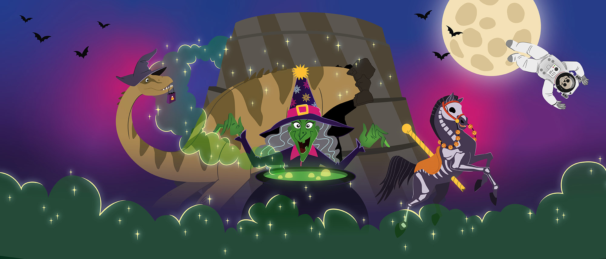 Cartoon-style image of dinosaur wearing witch hat, a witch with a caldron, a skeleton of a Carousel horse, and a skeleton wearing an astronaut suit.